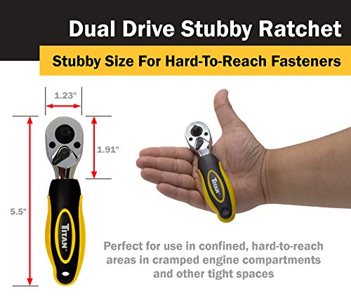 Titan 11050 1/4-Inch And 3/8-Inch Dual Drive X 5-1/2-Inch 72-Tooth Dual Head Stubby Ratchet #TOP3