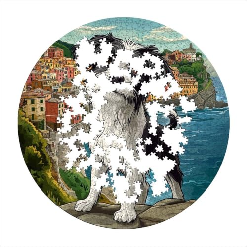 Puzzle redondo de 1000 piezas relajante con paisaje de perro pastor y costa 4