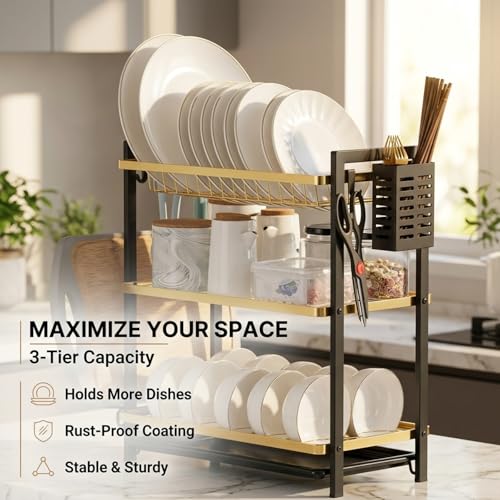 Image of COMFYHOME Dish Drying Rack, 3-Tier Wrought Iron Space-Saving Kitchen Dish Drainer with Drainboard & Utensil Holders, Rustproof Counter Organizer for Plates, Utensils, Bartan