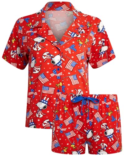 Image of COCO BRANDS Peanuts Snoopy Womens Pajama Set - 2 Piece Short Sleeve Button Down Sleep Shirt and Pajama Shorts