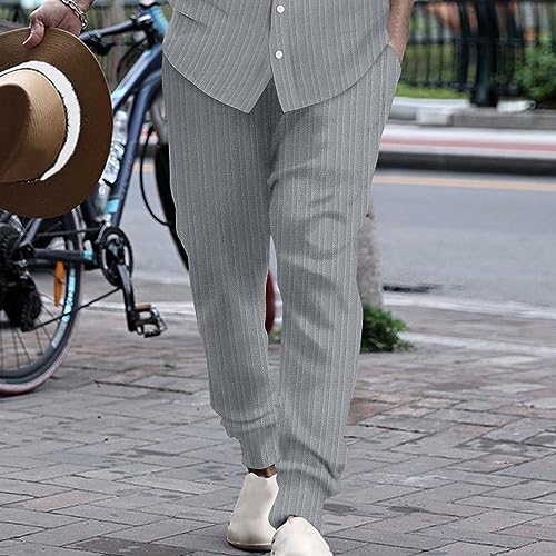 Generic Striped Dress Pants Men Cotton Linen Lounge Pants Slim Fit Lightweight Summer Pants Elastic Waist Comfy Trousers2