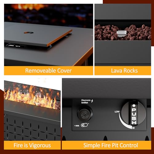 Vongrasig 43" Gas Fire Pit for Outside, 50,000 BTU Outdoor Propane Fire Pit Table with Lid & Lava Rock, Steel Rectangular Fire Table for Patio, Backyard, Deck, Garden, Black - Image 6