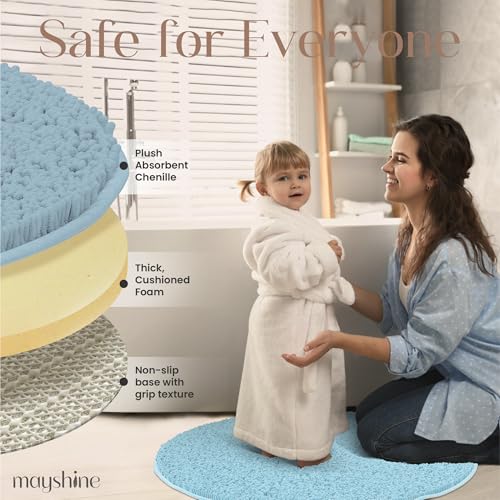 Image of Extra Large Round Area Rug Set for Bathroom 48 inchx48 inch Soft Plush Chenille Bath Mat, Water Absorbent Non-Slip Bathroom Rug | Washable Shag Carpet for Shower, Bedroom, or Home Decor | Spa Blue