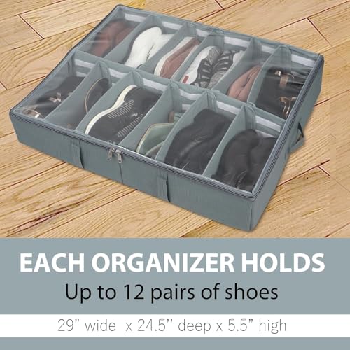 Image of SHIBUI Under Bed Shoe Organizer with Zipper-Dustproof & Space-Saving Storage for Sneakers, Heels & Boots, Adjustable Compartments, 24.5 x 29 x 5.5 Inch. (Polyster Grey, Pack of 2)