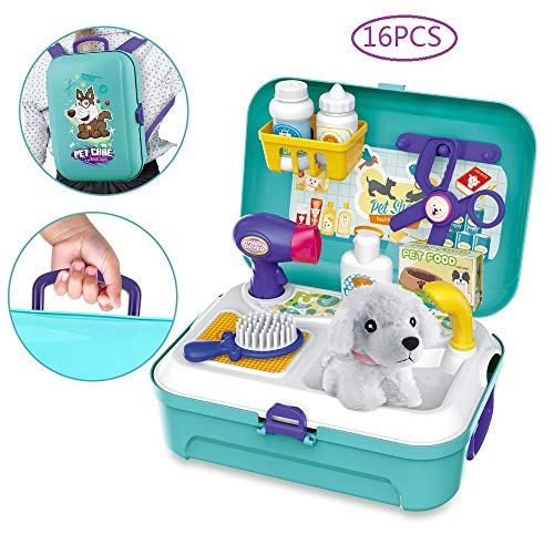 BeebeeRun Giocattoli per Giochi di Ruolo per Animali Domestici 16pcs,Valigetta Dottoressa,Toelettatura Cucciolo Gioco Zaino per Cani,Giocattoli Bambini Ragazzi Ragazze 3 4 5 6 Anni