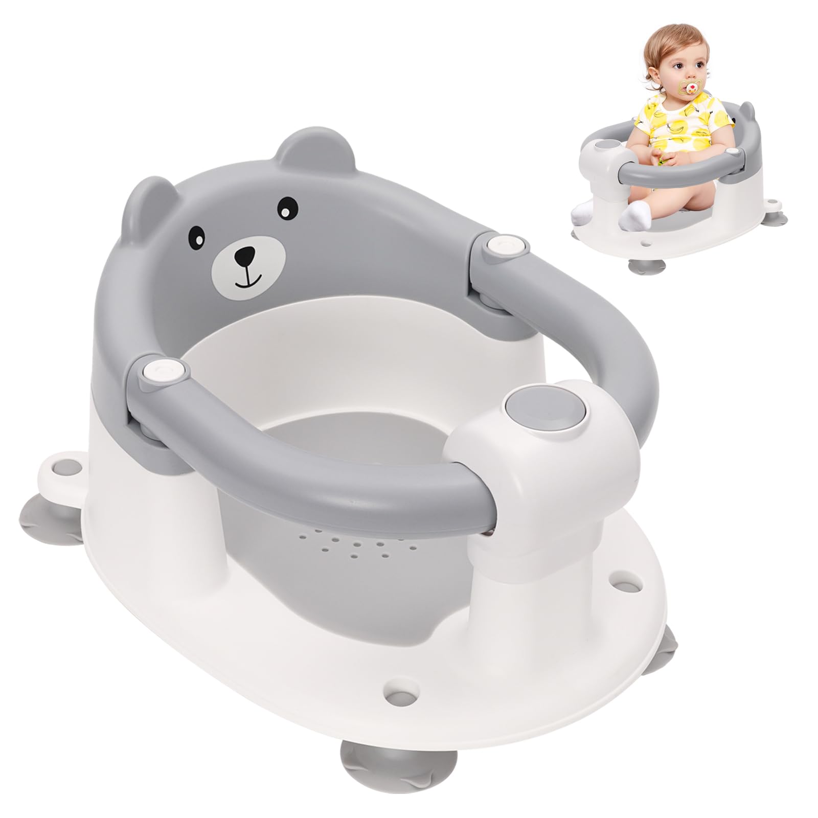 Badewannensitz Baby ab 6-24 Monate Rutschfester Baby Badewannensessel mit 4 Starken Saugnäpfen und Ergonomisch Rückenlehne Tragbarer Sicherer Badesitz Geschenke für Kleinkinder und Neugeborene Grau