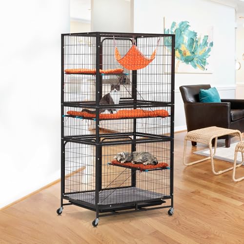 Cat Cages Indoor,4-Tier Ferret Cage, Large Wire Crates with Hammock, Cat Enclosure with 2 Ladders, Cat Kennel with Wheels for Kitten, Guinea Pig, Rabbit, Chinchilla, Black