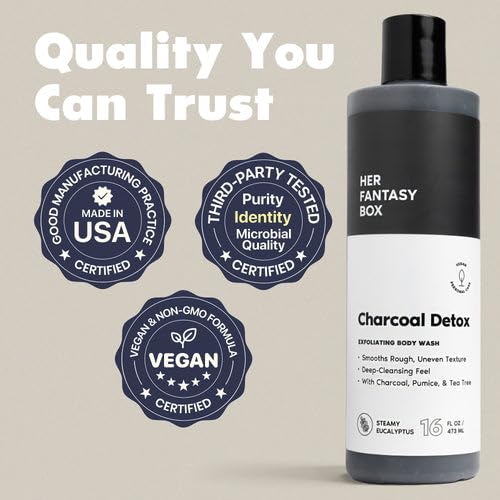 Image of Her Fantasy Box | Charcoal Detox Exfoliating Body Wash - Activated Charcoal & Pumice Deep Cleanser with Tea Tree & Eucalyptus, Refreshing Exfoliation for Smoother Skin, Vegan & pH Balanced (8 oz)
