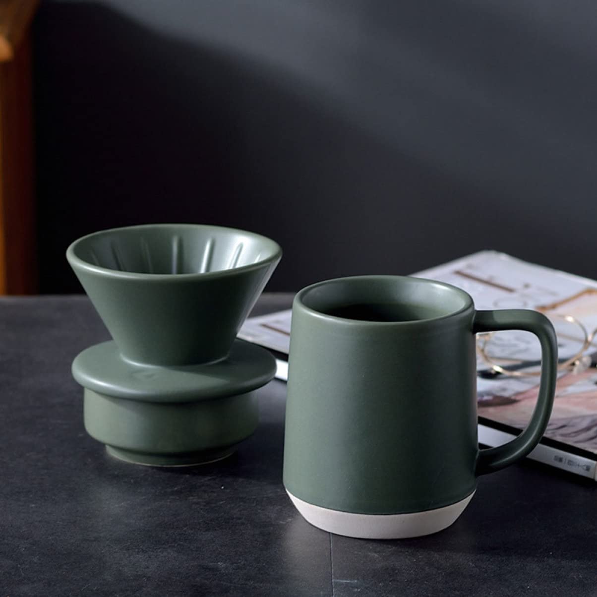 Taza de Filtro de Café de Cerámica Verde para Preparación Manual | Diseño Asa, 1 Juego, Detalles Delicados y Uso Práctico, Acabado Ligero Filtrado Fino