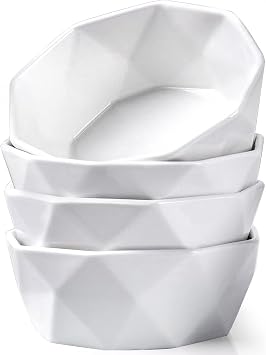 DELLING 22 Oz Cereal Bowls Set of 4, Porcelain Geometric Soup Bowls, White Dessert Bowls for Rice Pasta Salad Oatmeal Snack, Ceramic Bowls Microwave Dishwasher Oven Safe