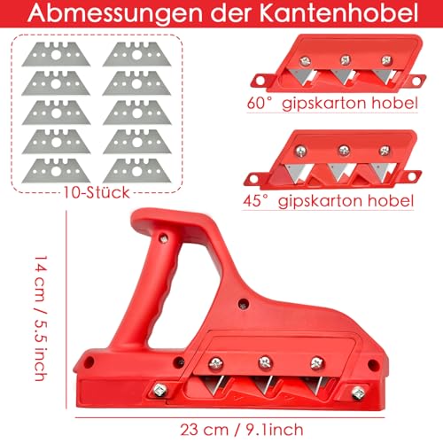 PICKONA Kantenhobel für Gipskarton mit 10 Klingen Ersatz - Rigips Werkzeug Kantenhobel mit 45 ° und 60° Handhobel, Robust Gipskarton Schneider Handhobel für Korkplatten, Gipskarton