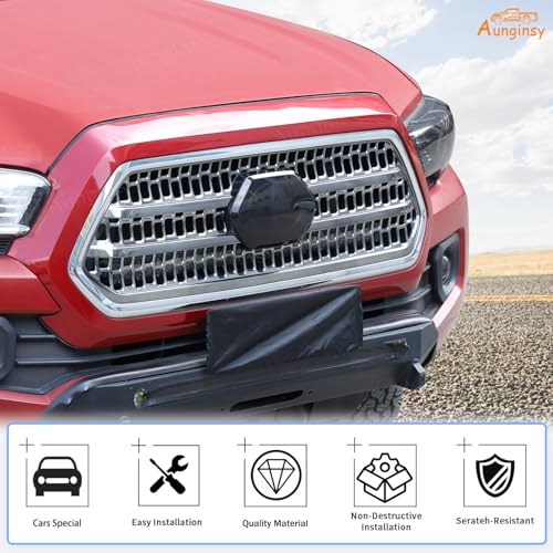 Image of Aunginsy Front Emblem Trim Cover Compatible with Toyota Tacoma 2016-2023, ABS Front Hood Center Grille Emblem Badge Logo Cover Circle Ring Decorator Overlay Accessories, Not Fit with Sensors Version