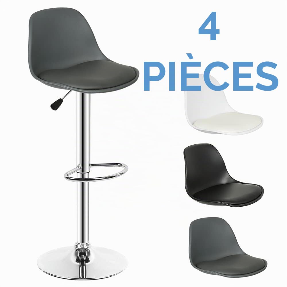 HUOLE Tabourets de Bar Lot de 4 pivotant- Lot de 4 chaises de Bar réglable,Réglable en Hauteur et Rotative à 360°，Robuste et Ultra Silencieux-Gris-4pc
