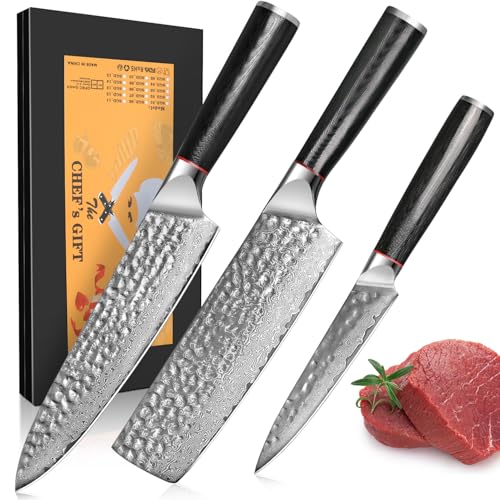 Home Safety Lot de 3 couteaux de chef damassés en acier VG10 avec 67 couches, lames aiguisées professionnelles de 12,5 à 19,3 cm, manche G10, dans une boîte cadeau