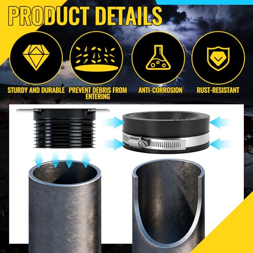 Image of 6 Pack 4 Inch Flexible PVC Pipe Cap with Stainless Steel Clamps - Black Durable End Caps for Drainage, Wastewater & Vent Pipes, Above /below Ground Use