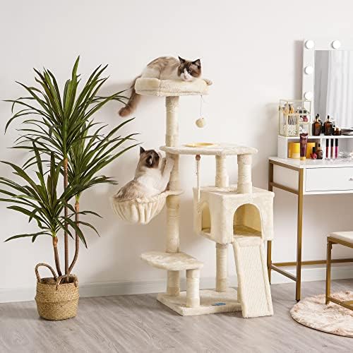 Hey-brother Cat tree with feeding bowl, Cat tower for indoor cats, Large scratching post with scratcher, hammock, XXL Cat Cave, Beige EMPJ010M