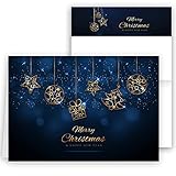 10 Weihnachtskarten Klappkarten Karte Karten Weihnachtskugel Kugel edel stilvoll glanz MADE IN GERMANY Frohe Weihnachten Merry Christmas xmas Kugel Gold Blau Geschenk Weihnachtsgrüße