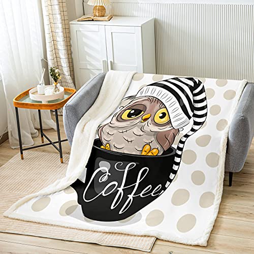 Owl Sherpa Throw Blanket Coffee Cartoon Cup Bed Fleece Blanket Contemporary Style Throw Size (50Inchx60Inch) Sherpa Throw Blanket Flannel Blankets For Kids Child Boys Girls Room Couch Bed Decor #TOP11
