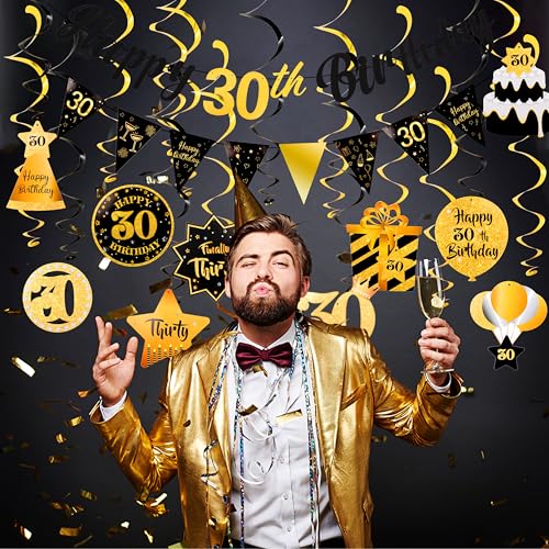 Image of 30th Birthday Decorations for Him Black Gold Happy 30th Birthday Decorations For Men Women Pre Strung Birthday Banner Bunting and Hanging Swirls