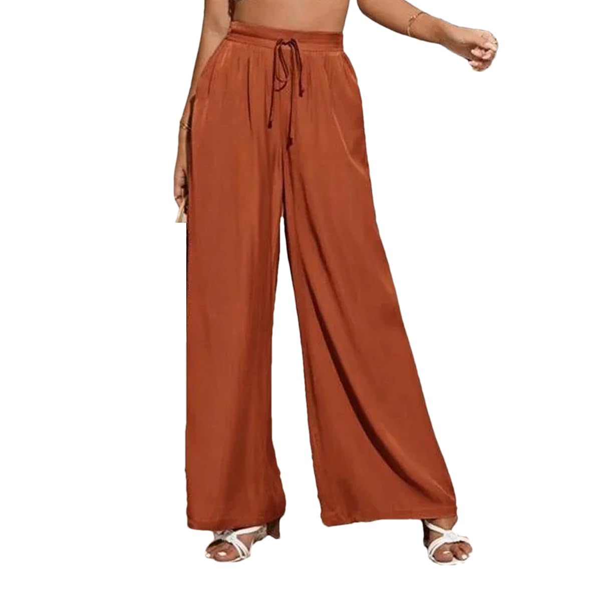 Womens Summer High Waist Casual Pants Solid Elastic Waist Lace Loose Wide Leg Pants Red