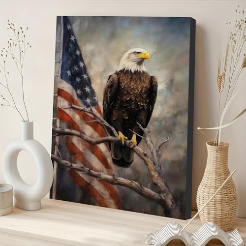 Image of Framed Bald Eagle American Flag Wall Art, Patriotic Rustic Canvas Art Pictures, USA Eagle Wall Decor, Made in USA Ready to Hang for Office Man Cave Living Room