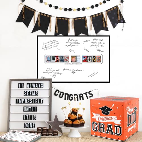 Image of DAZONGE Modern Orange Graduation Card Box with 30 Advice Cards and Signature Board for Class of 2025 Graduation Party Decorations