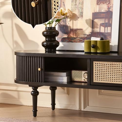 Creative High-Legged TV Cabinet Stand with Sliding Doors - Solid Wood Rattan Storage for Living Room - Stylish Entertainment Center & Television Unit - Image 5
