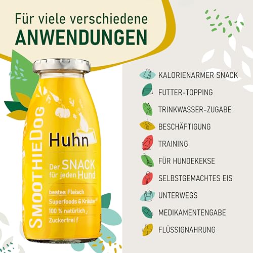 Hunde Smoothie SmoothieDog 6er Huhn + Doggyroller m. Halter, Karabiner Blau - Flüssiges Hundeleckerli - Zucker- & glutenfrei - Zubehör Hund - je 250ml