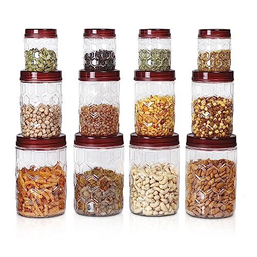 Hexa Plastic Storage Jar Set of 12 (4x270ml, 4x665ml, 4x1.24L) | BPA-Free, Airtight Kitchen Containers | Food Grade Transparent Jars for Masala, Grain