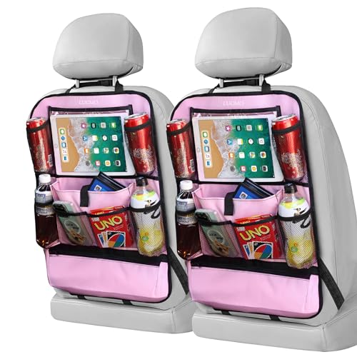 Image of LUCMO Car Backseat Organizer with Touch Screen Tablet Holder, Pink | 2 Pcs,9 Storage Pockets,Clear Tablet Holder,Protectors Kick Mats,Travel Accessories,Seat Cover,Road Trip Essentials