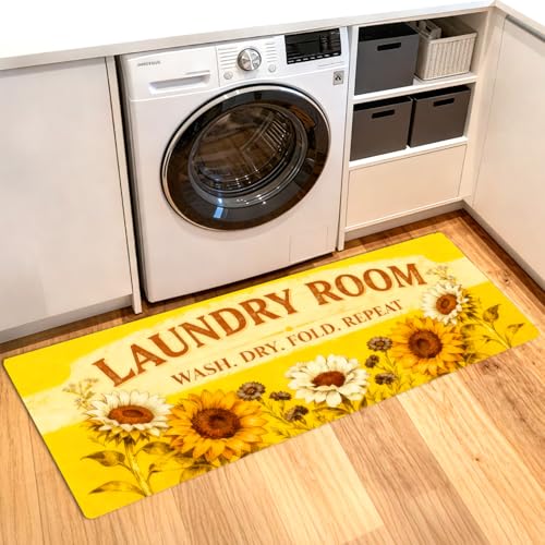 ANNA QUEEN Yellow Sunflower Laundry Room Rug 20x47 Inch – Non Slip Yellow Sunflower Mat for Laundry Room, Kitchen, Entryway, Holiday Decor