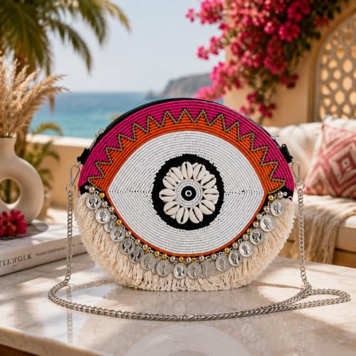 Image of Maresse Handcrafted Evil Eye Beaded Crossbody Boho Purse - Bohemian Tassel Bag for Women with Chain - Unique Style Shoulder Handbag - Trendy Festival Fashion Accessories & Chic Essentials