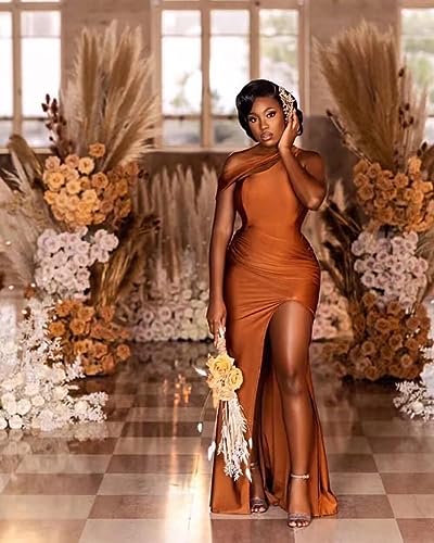 MiwiNovia One Shoulder Bridesmaid Dresses for Women Stain Black Mermaid Prom Dress Long Formal Dress with Slit 42