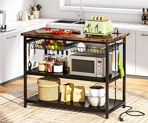 Tribesigns Kitchen Island With Storage, Industrial Island Table With Power Outlets And Wire Baskets, 3 Tier Microwave Oven Stand Butcher Block Island With Large Worktop, 4 Hooks, Rustic Brown #TOP14