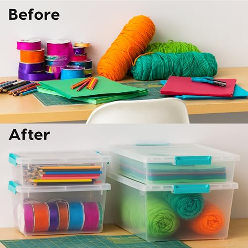 Image of IRIS USA 2 Qt. Craft Storage Bins with Lids, 6-Pack, |Made in USA|, Clip Box, Small Plastic Sensory Bin Tote Organizer Containers for Art Supplies, Paper, & Office, Stackable - Clear /Seafoam Blue