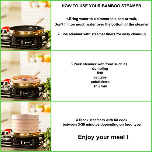 Cesta de bambu para vaporização de 25,4 cm, vaporizador de alimentos premium com tampa, vaporizador