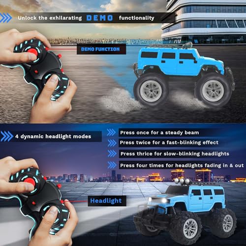 Image of popsugar Off Roader Rechargeable Remote Control Monster Truck with 4 Headlight Modes | Lithium Battery | C-Type Charging | Remote Control Car for Kids | Made in India, Sky Blue