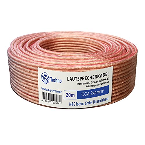 M&G Techno 20m Lautsprecherkabel (Single-Wire) 2 x 4mm² CCA (Kupfer+Alu) rund Transparent, mit Metermarkierung