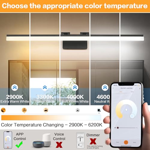 Image of SOLFART Adjustable Color Temperature Dimmable Bathroom Light Fixtures Vanity Light Black LED Bathroom Vanity Light Over Mirror 39.4 Inch APP Control Modern Light