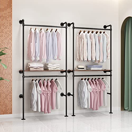 Dr.iron Industrial Pipe Clothing Racks With Vintage Shelves, Wall Mounted Black Clothes Rack With Double Hanging Rods Heavy Duty Garment Storage Rack Display Racks Rod For Clothes,Laundry Room #TOP4