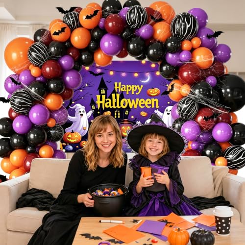 Image of 152Pcs Halloween Balloons Arch Kit with Halloween Backdrop and 3D Bat, Orange Black Purple Burgundy Balloons Garland Arch Kit for Spooky One Costume Halloween Birthday Party Decorations