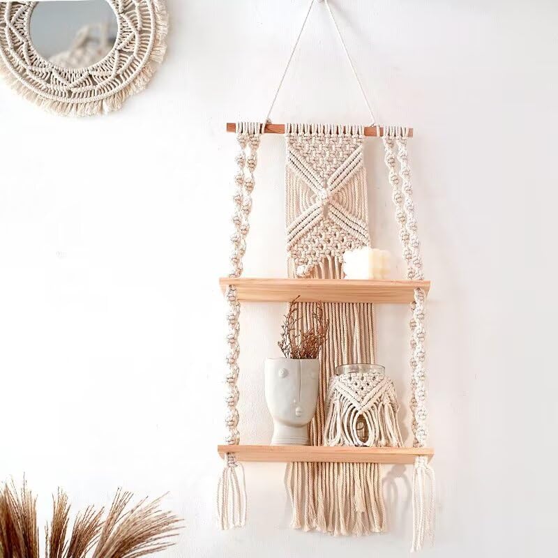 Macrame Hanging Shelf, 2 Tier Boho Hanging Shelves Wall Decor for Living Room Bedroom, Handmade Wood Floating Shelf with Woven Rope, Bohemian Storage Organizer Rack for Photo Books Plant Display