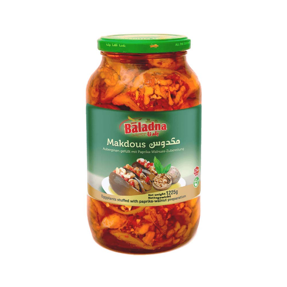 Baladna Makdous 950 g x 4 | Auberginen gefüllt mit Paprika-Walnuss-Zubereitung | Perfekt für Mezze, Vorspeisen & Beilagen | Orientalische Spezialität | Vegan | Glutenfrei | Halal