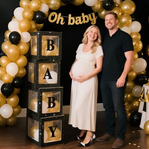 Image of Ledido Baby Boxes with Letters for Baby Shower Decorations, 4 pcs Clear Balloon Boxes with Letters for Boys Girls Gender Reveal Decorations Birthday Wedding Backdrop Party (Black Glitter)