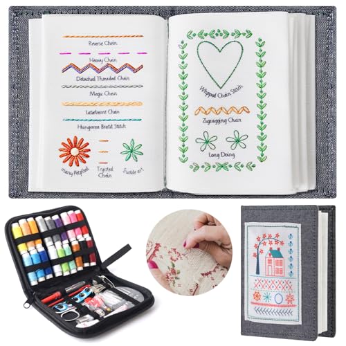 lunule Livre de couture créatif, Livres de points de broderie complets avec fils et outils, portable livre a broder kit broderie debutant adultes enfant et amateurs