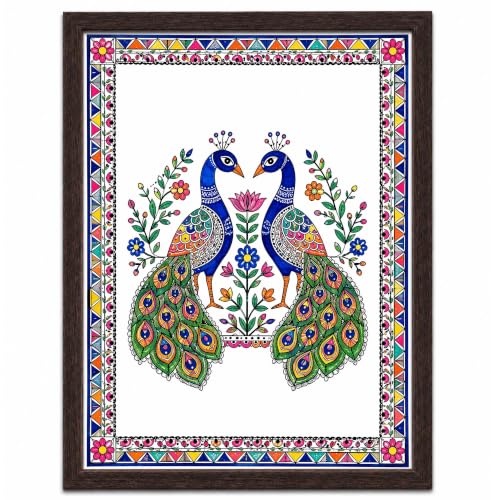 Image of PAPER PAJAMA Peacock Pair Wall Art for Living Room | Madhubani Peacock Painting | Traditional Indian Folk Art Bird Artwork Framed Decor for Home, Bedroom & Office (10x13 Inches)