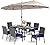 PHI VILLA 7 Piece Patio Dining Set with Umbrella, 60” Rectangular Metal Dining Table & 6 Cushioned Rattan Wicker Chairs & 13ft Large Beige Umbrella for Outdoor, Deck, Yard, Porch