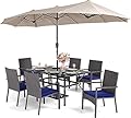 PHI VILLA 7 Piece Patio Dining Set with Umbrella, 60” Rectangular Metal Dining Table & 6 Cushioned Rattan Wicker Chairs & 13ft Large Beige Umbrella for Outdoor, Deck, Yard, Porch
