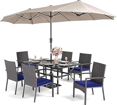 PHI VILLA 7 Piece Patio Dining Set with Umbrella, 60” Rectangular Metal Dining Table & 6 Cushioned Rattan Wicker Chairs & 13ft Large Beige Umbrella for Outdoor, Deck, Yard, Porch