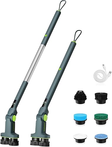 Limpiador eléctrico giratorio inalámbrico de doble cepillo, IPX7, impermeable, para baño, mango extensible con pantalla digital, 2 velocidades, 6